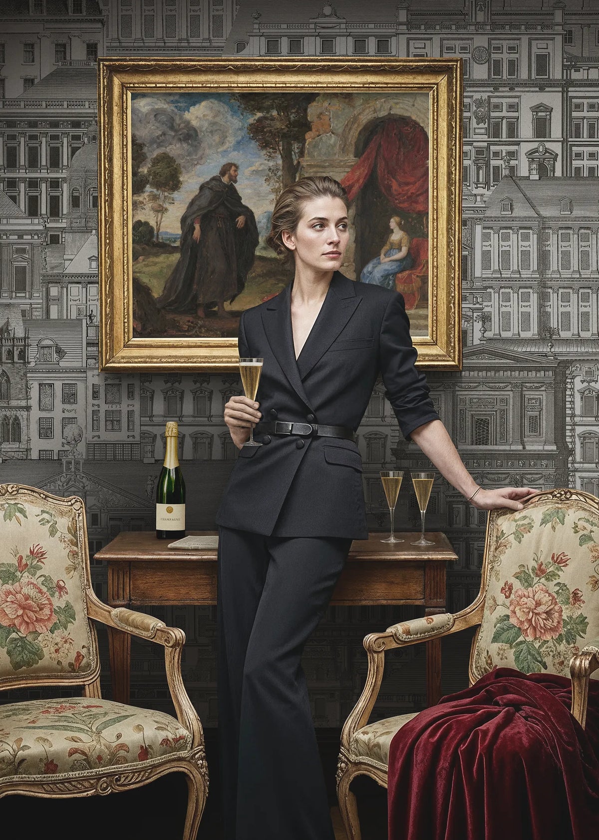 Woman in a black suit holding a glass of champagne in front of a painting with decorative wallpaper.