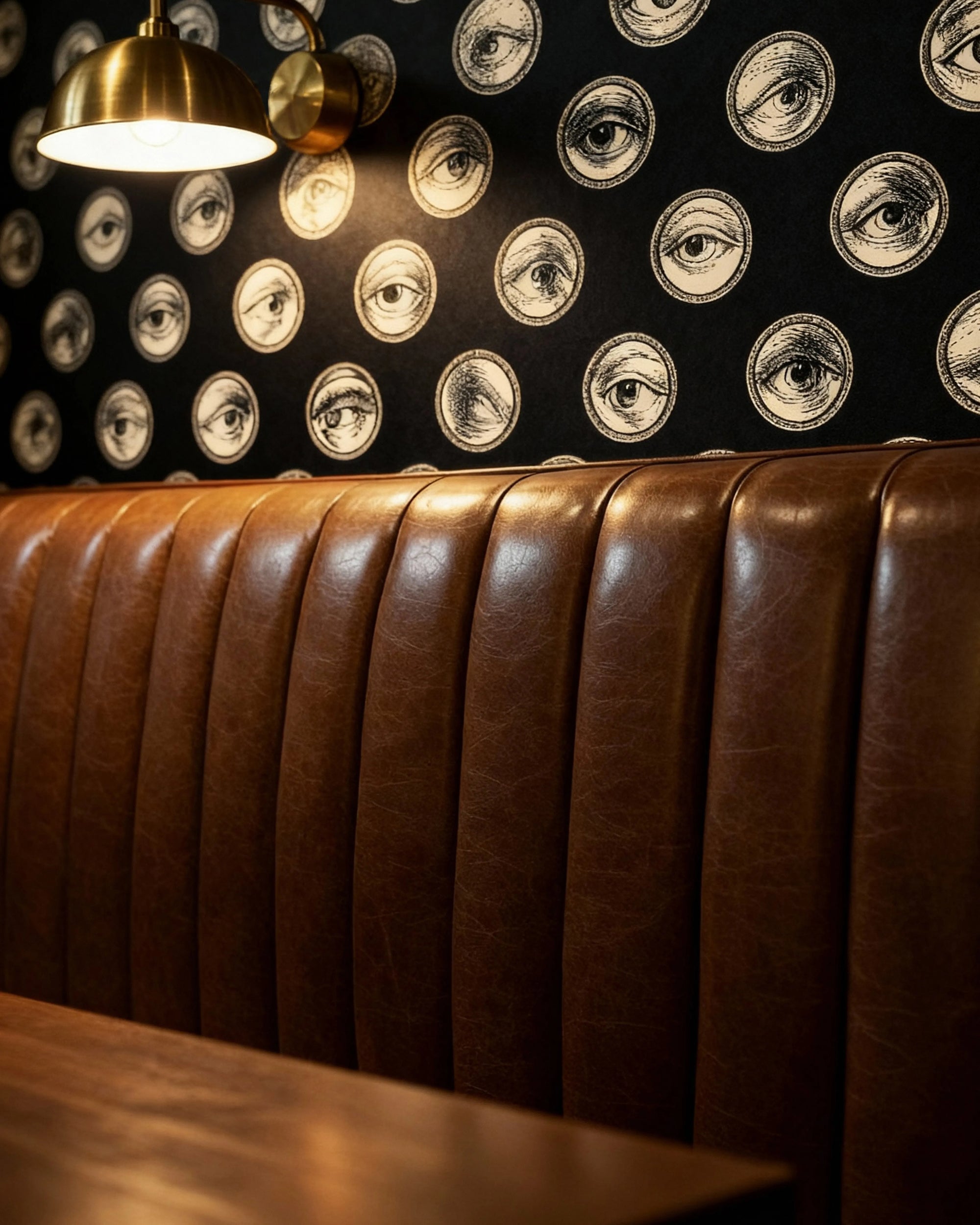 Brown leather booth with decorative Buffalo Bunny wallpaper featuring eye patterns
