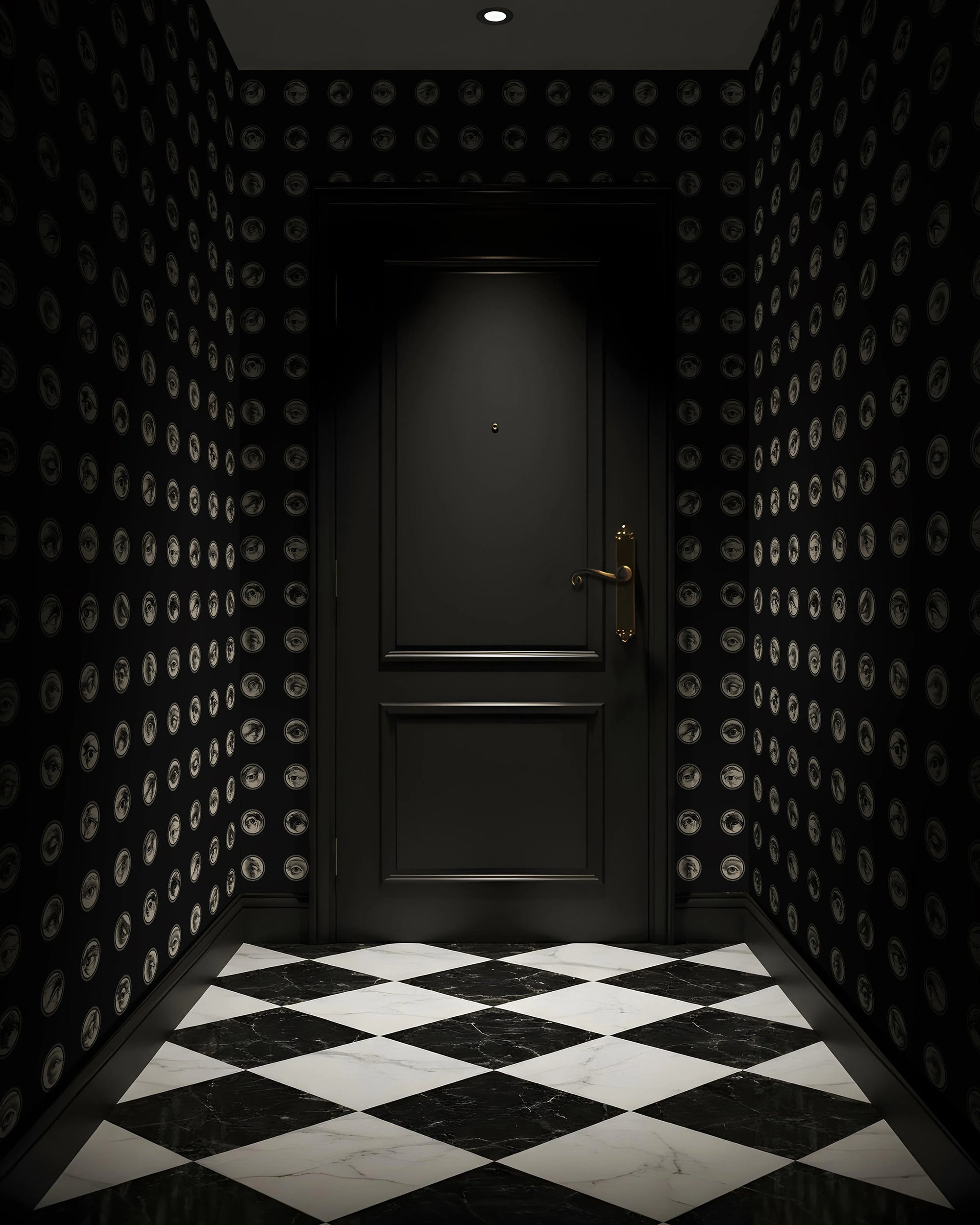 Dark door in a room with black and white checkered floor and patterned eye wallpaper from Buffalo Bunny.
