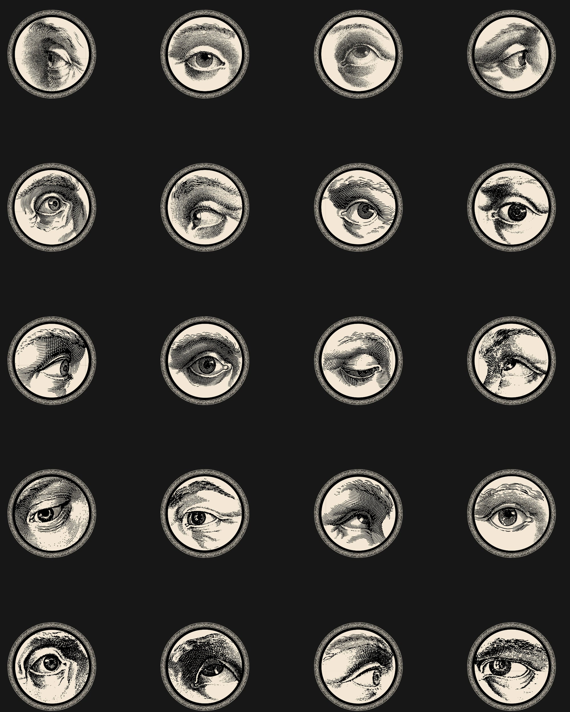 Pattern of black and white eyes on by Buffalo Bunny.