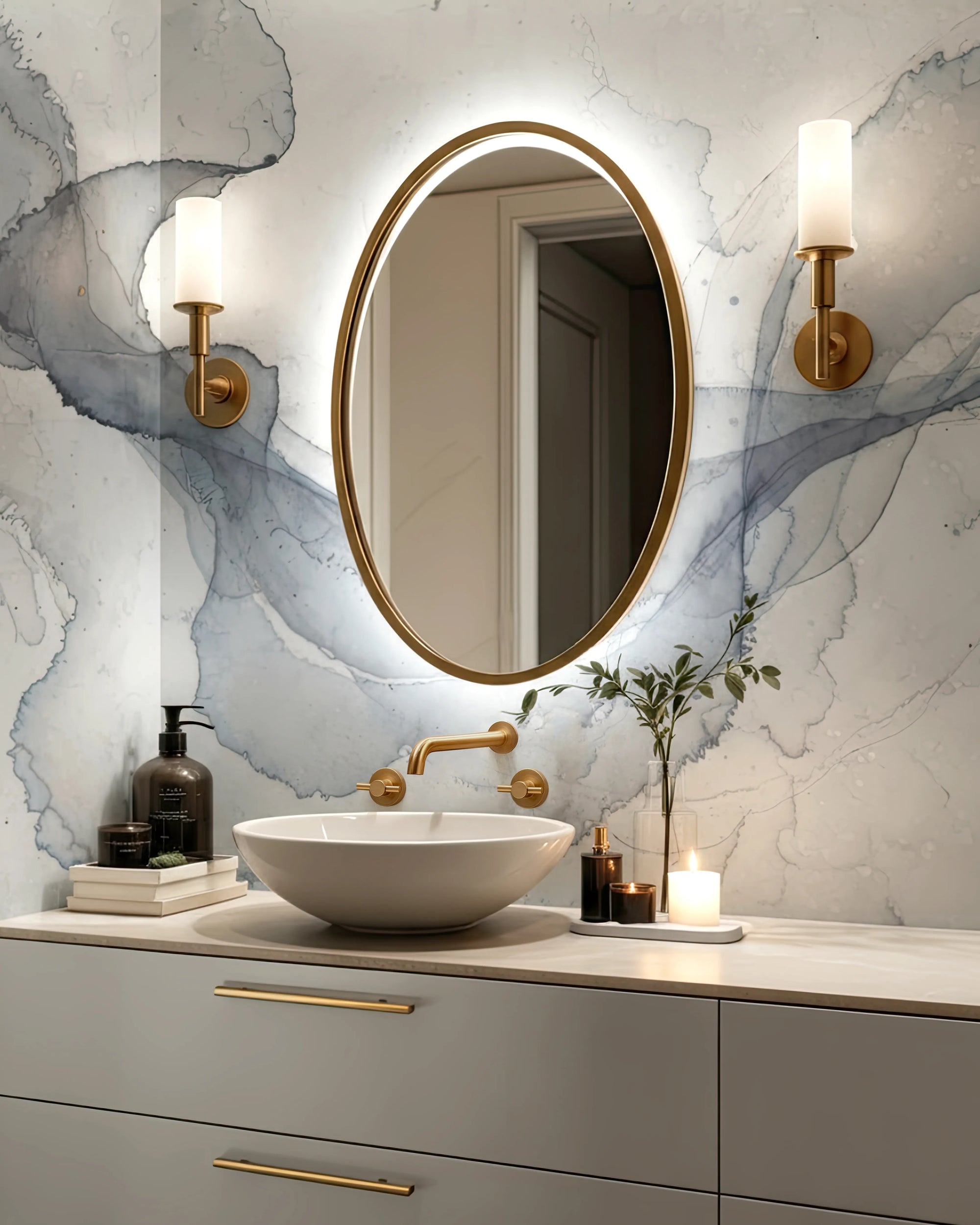Bathroom vanity with oval mirror, lights, and decorative items on a marble wall with wallaper by Buffalo Bunny.