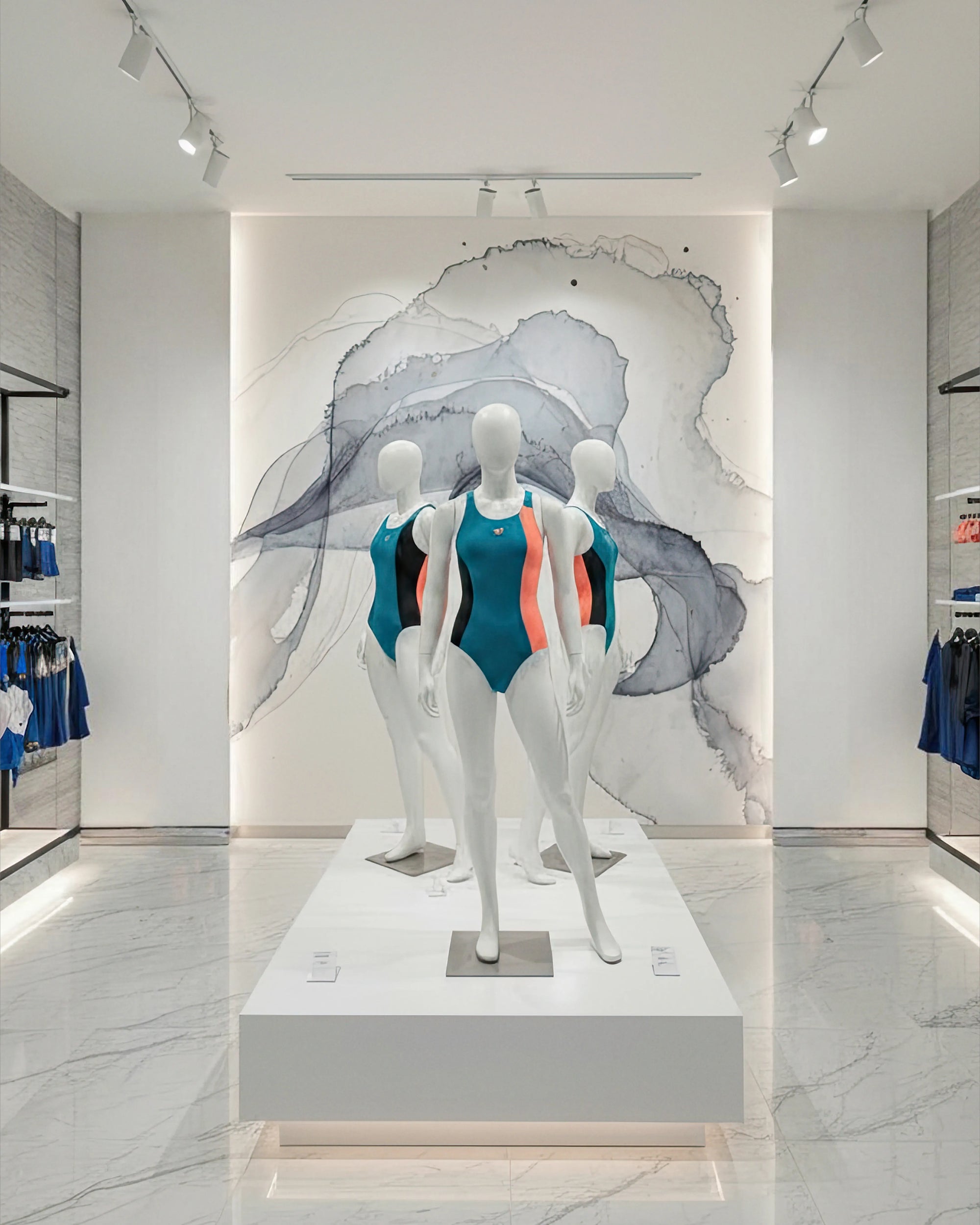 Mannequins wearing swimsuits in a store setting with a decorative wallpaper by Buffalo Bunny.
