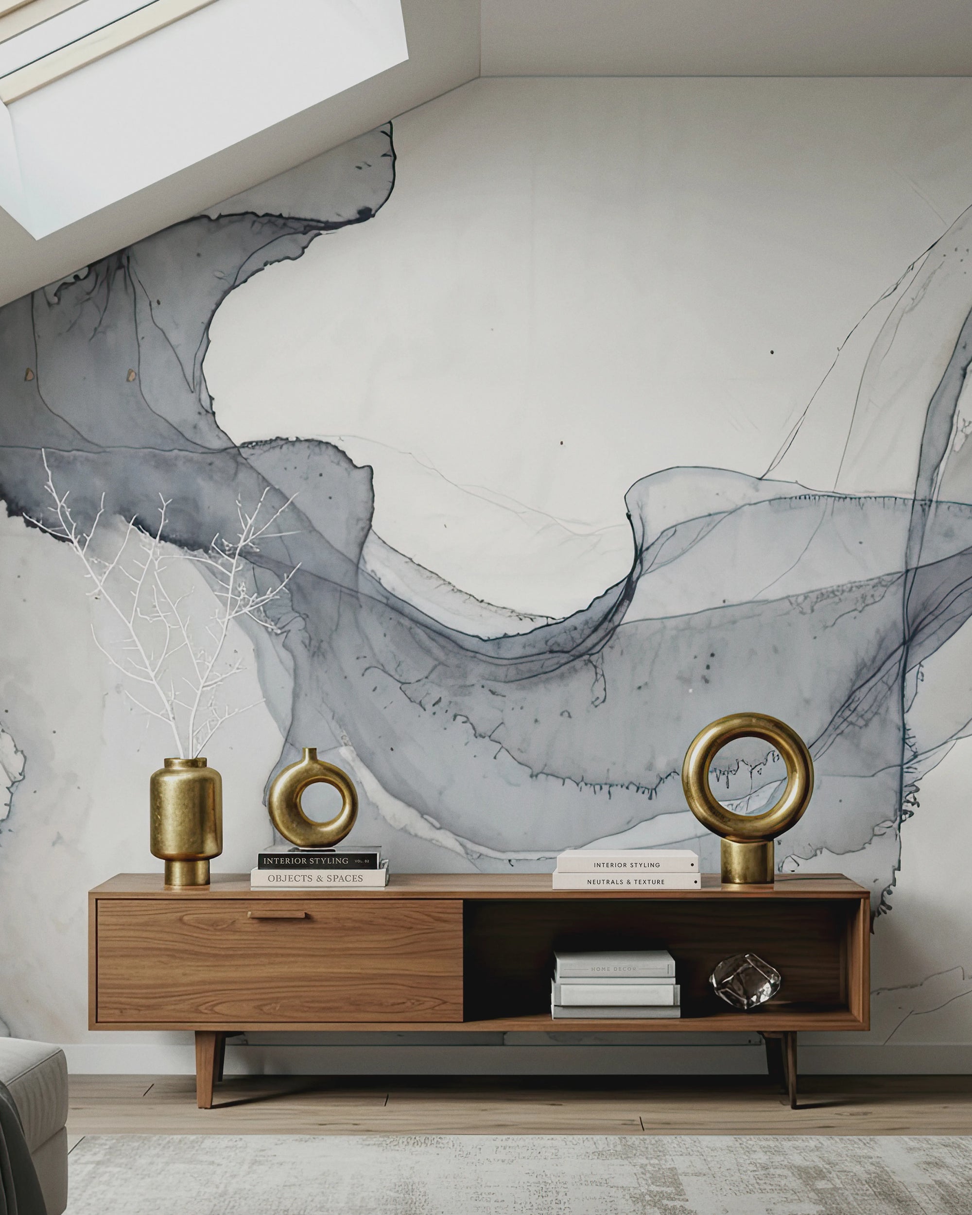 Wooden console table with decorative items against a wall mural by Buffalo Bunny.