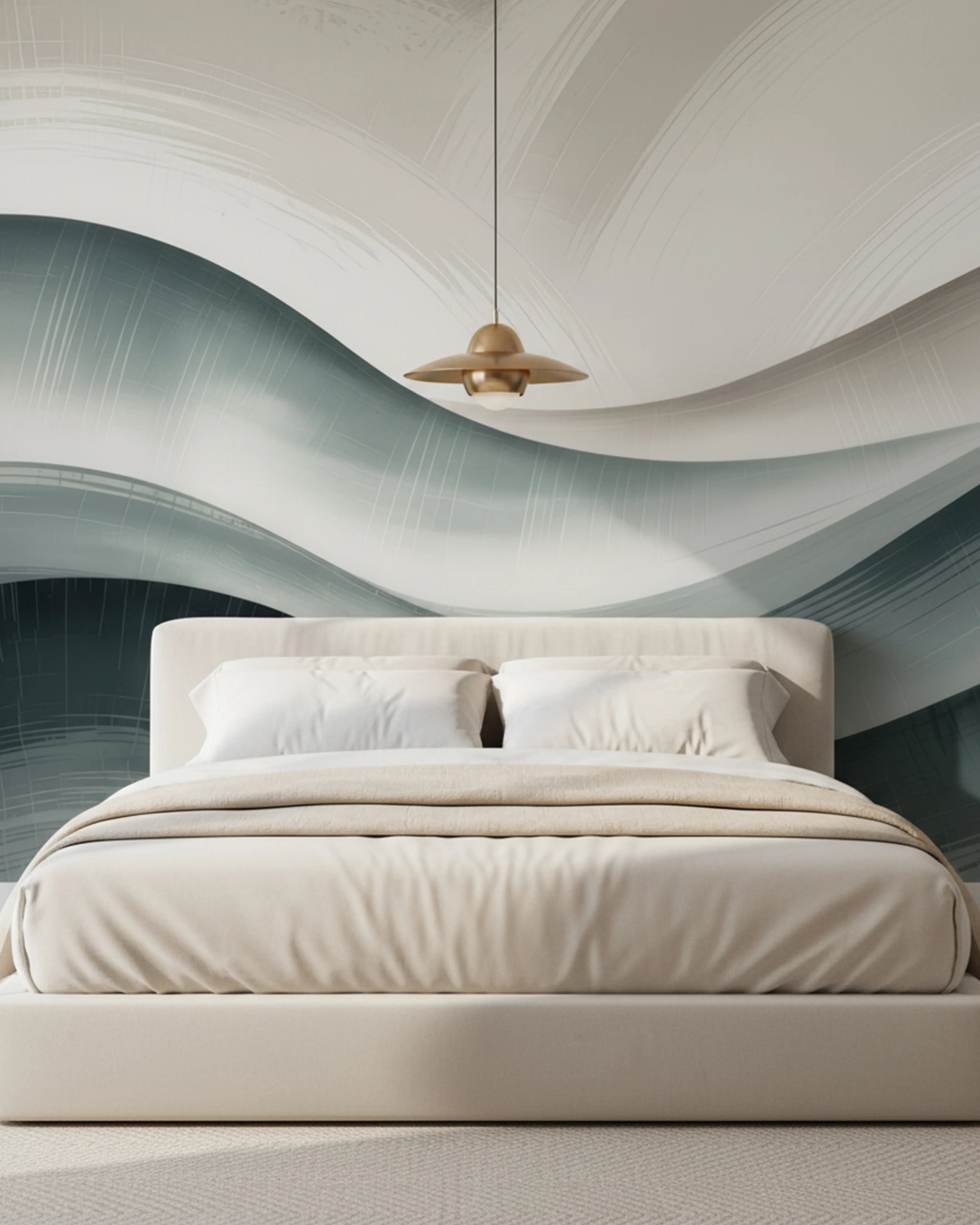 Modern bedroom with a beige bed and abstract ceiling design and a wallpaper mural by Buffalo Bunny.