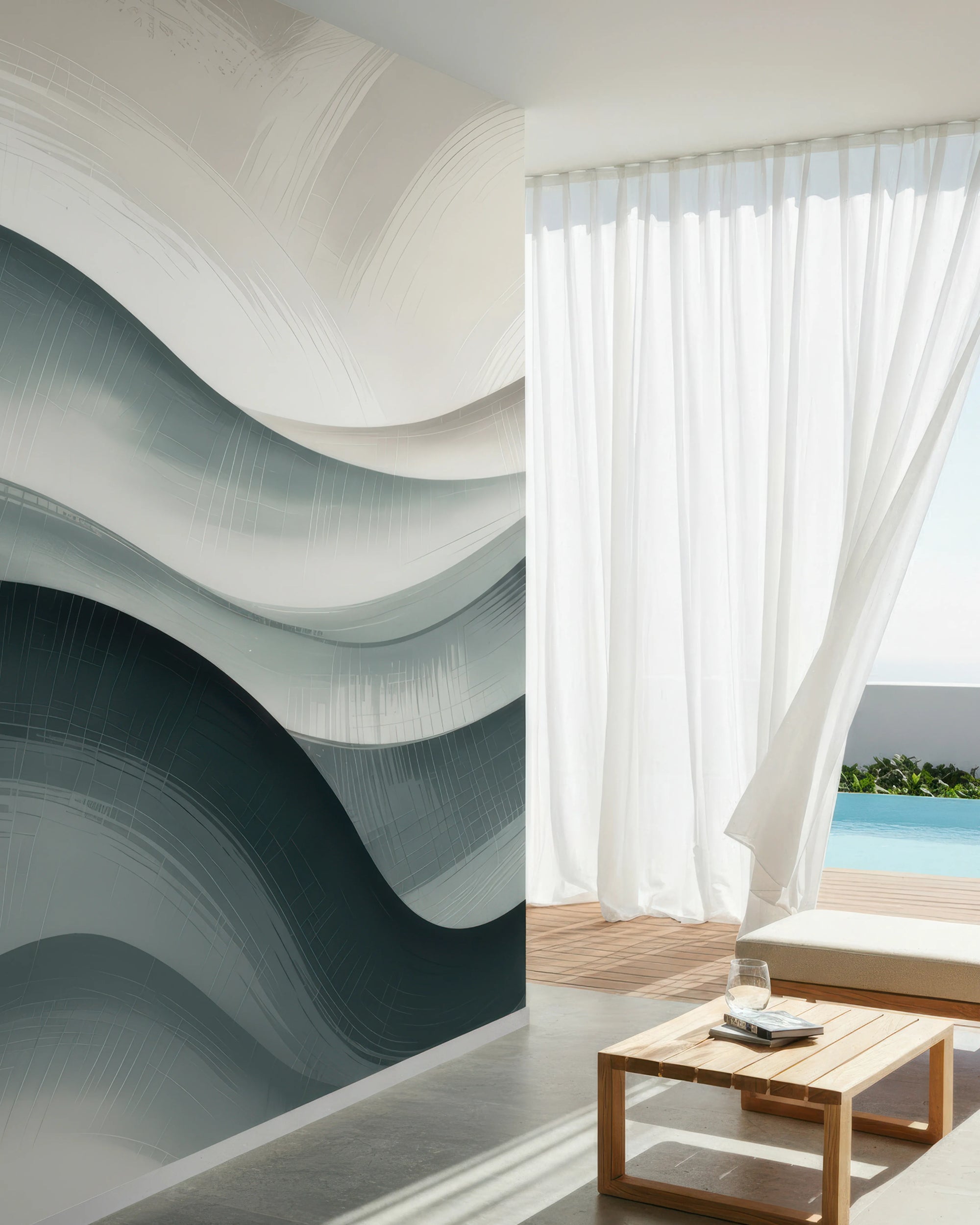Modern interior with wavy wall design and outdoor view by Buffalo Bunny.