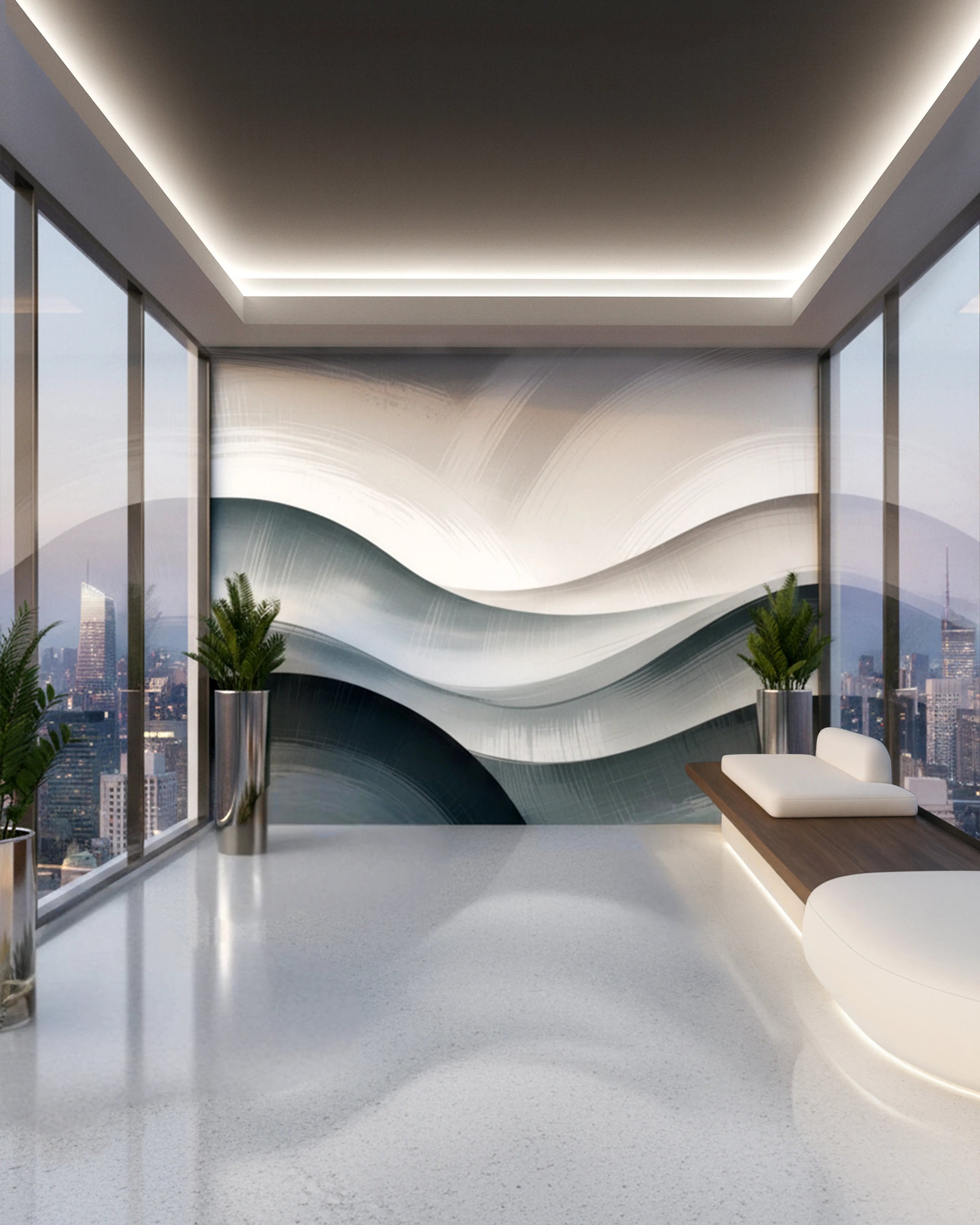 Modern interior design with wavy wallpaper mural by Buffalo Bunny.