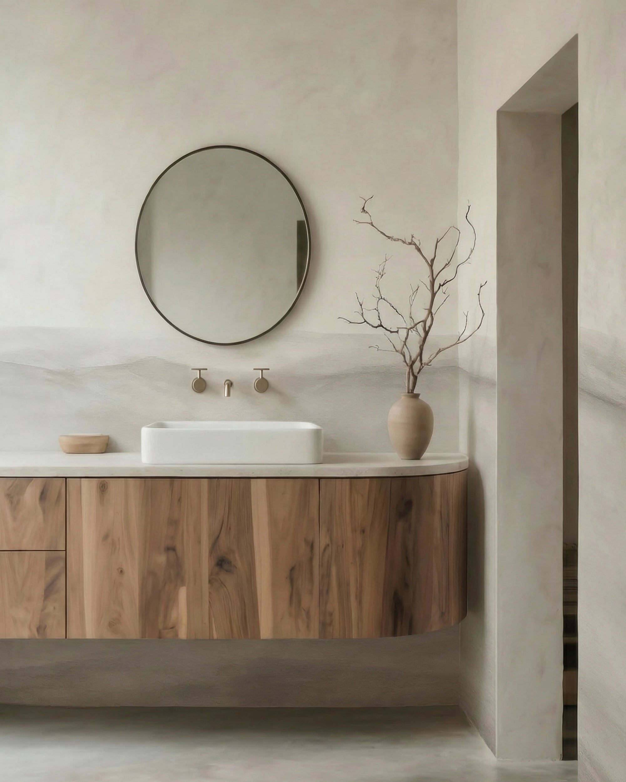 Bathroom with wooden vanity, round mirror, and decorative dry branches. Grey and beige ombre gradient wallpaper.