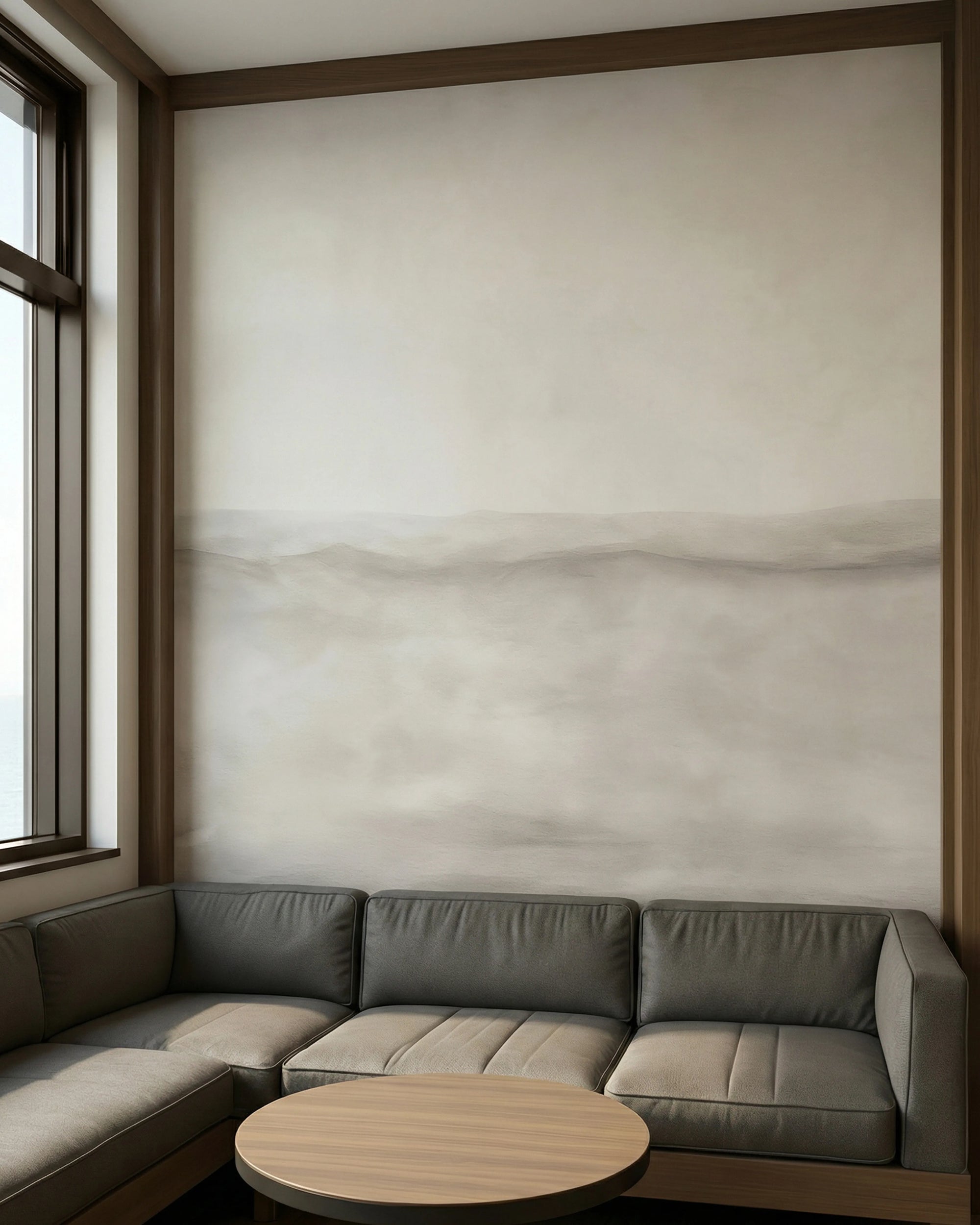 Modern interior with a gray sectional sofa and round wooden table against the wall. Grey and beige ombre gradient wallpaper.