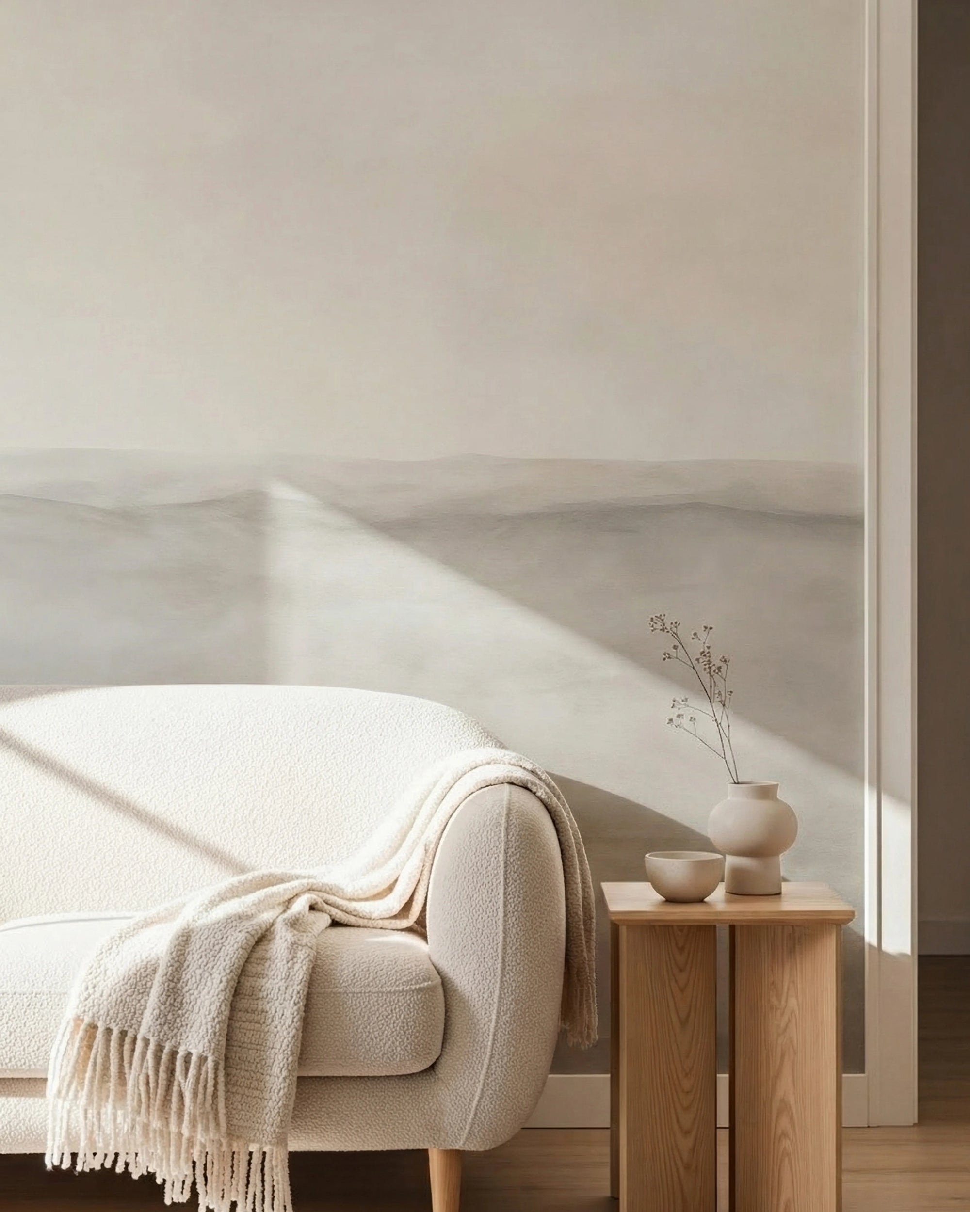 Beige armchair with a blanket and wooden side table against a neutral wall. Grey and beige ombre gradient wallpaper.