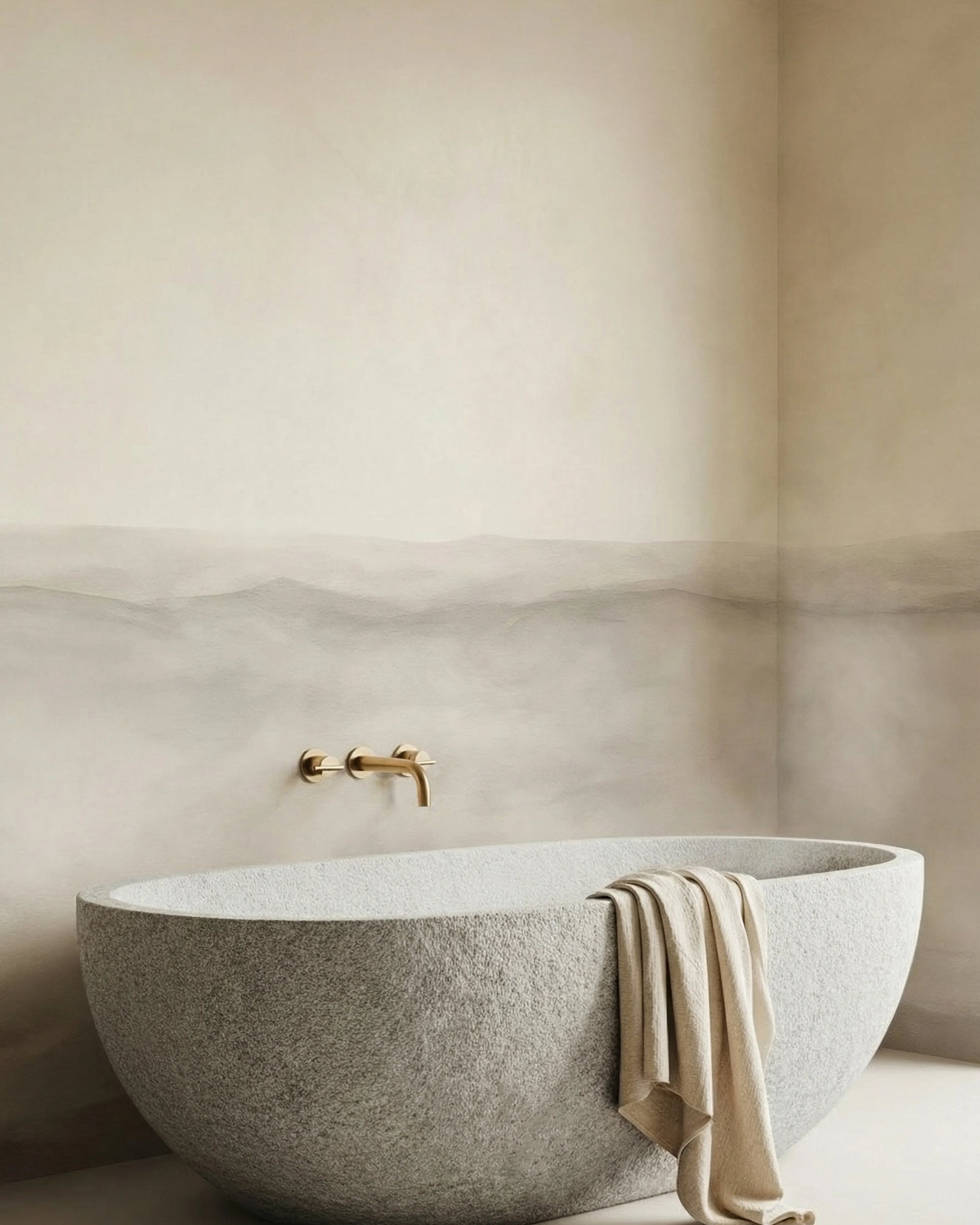 Modern bathroom with a freestanding stone bathtub and gold faucet. Grey and beige ombre gradient wallpaper.