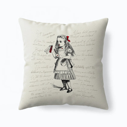 Decorative pillow with a black and white illustration of a girl holding a red ribbon on a beige background with text by Buffalo Bunny.