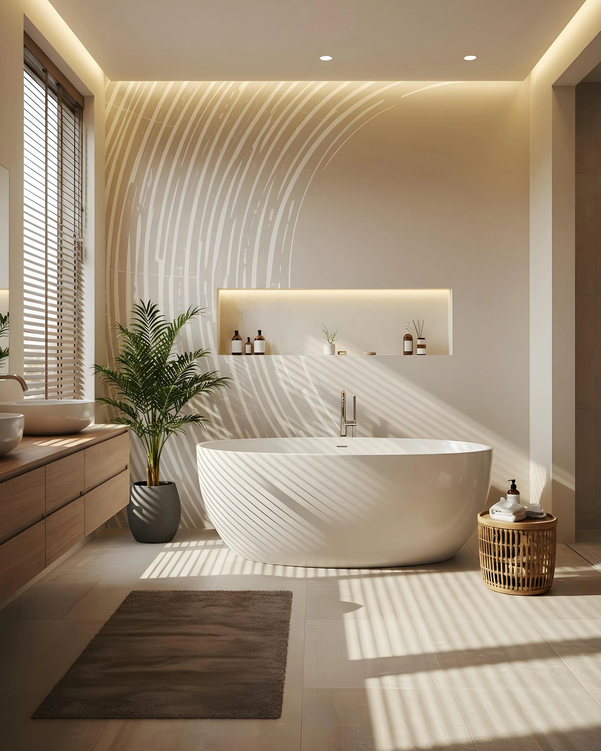 Modern bathroom with a freestanding bathtub, plant, Buffalo Bunny wallpaper, and decorative items.