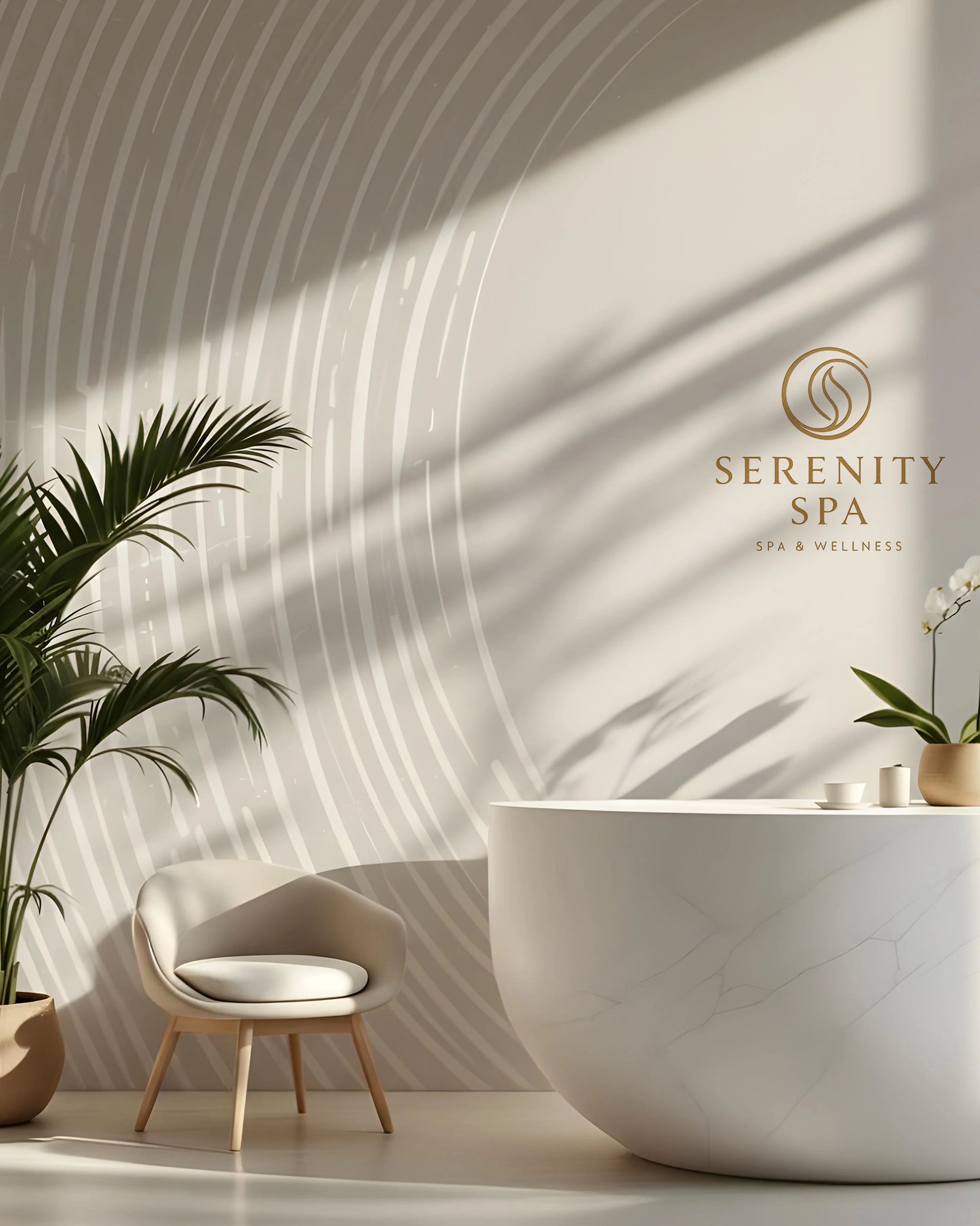 Serenity Spa interior with a white bathtub, chair, Buffalo Bunny wallpaper, and plants against a light wall.