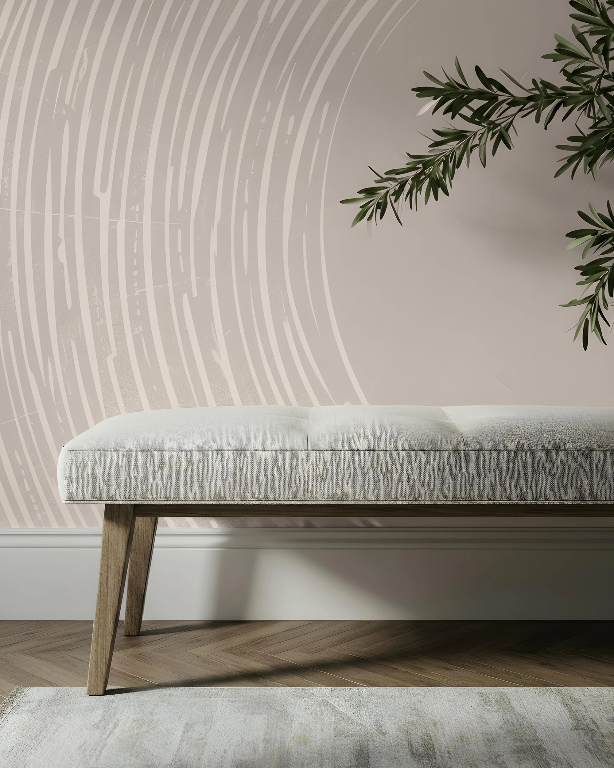 Light gray bench against a wallpaper with circular pattern by Buffalo Bunny.