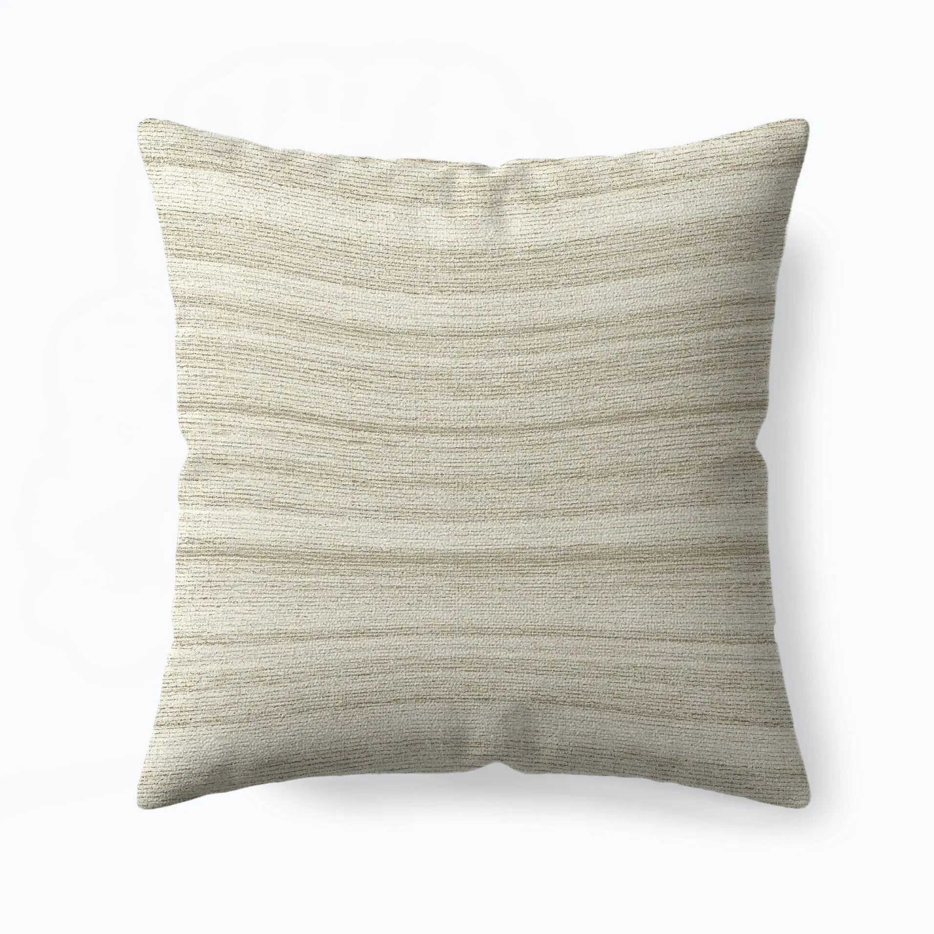 Beige throw pillow with soft horizontal textured stripe pattern in subtle neutral tones.