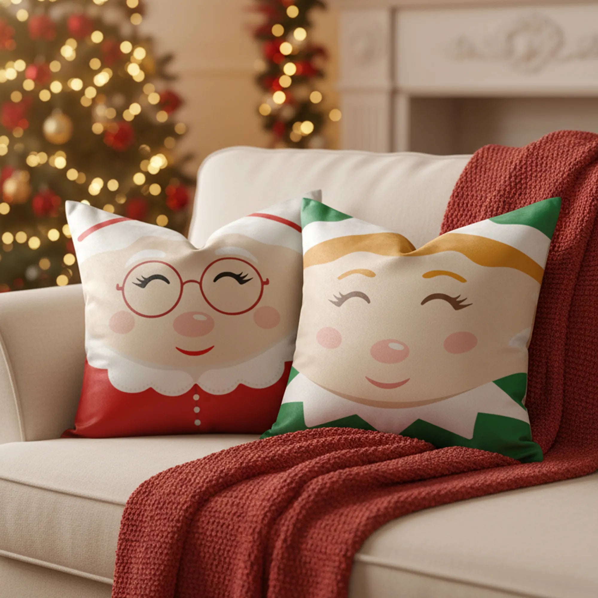 Two Christmas-themed pillows on a couch with a decorated tree in the background by Buffalo Bunny.