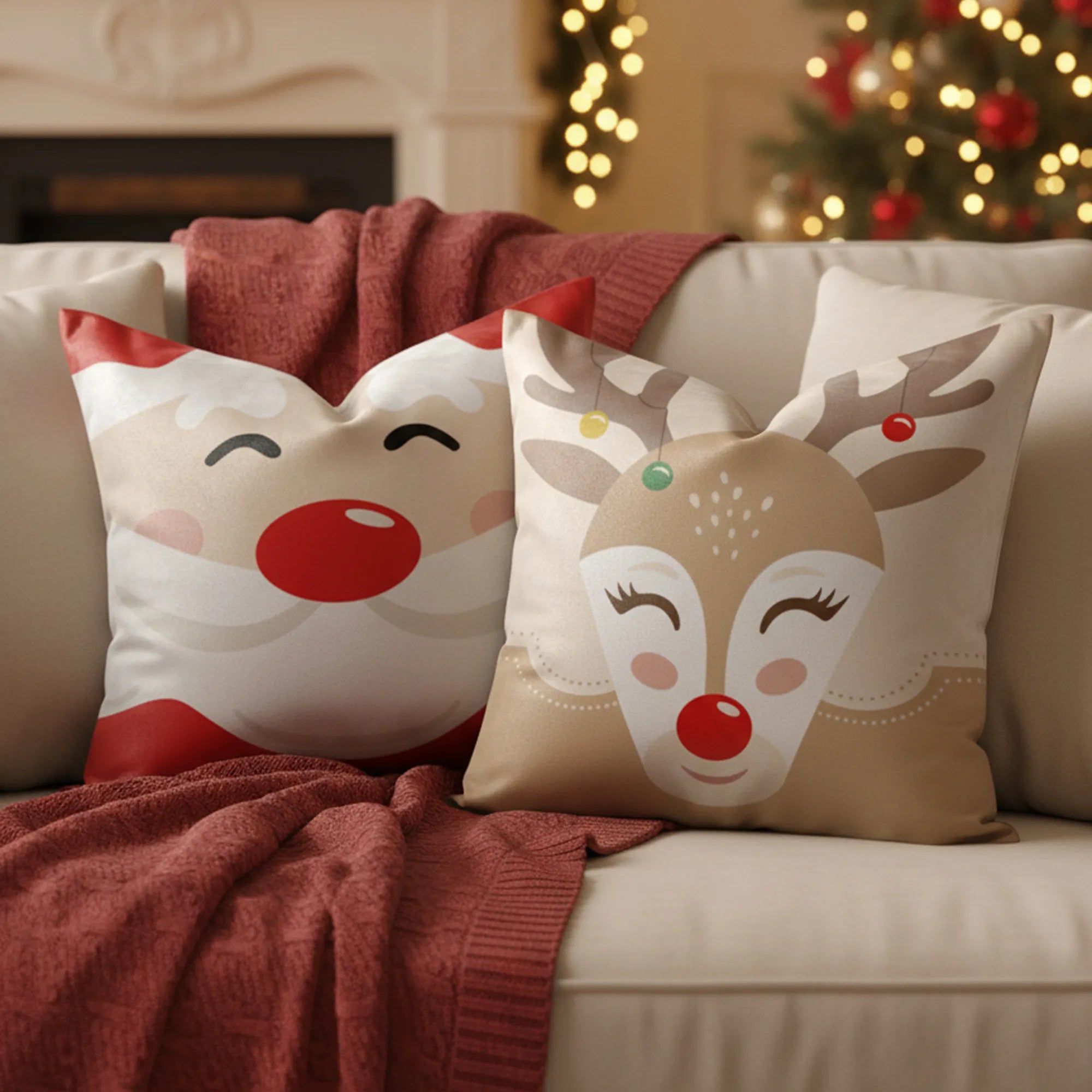 Two Christmas-themed pillows on a couch with a Christmas tree and lights in the background by Buffalo Bunny.