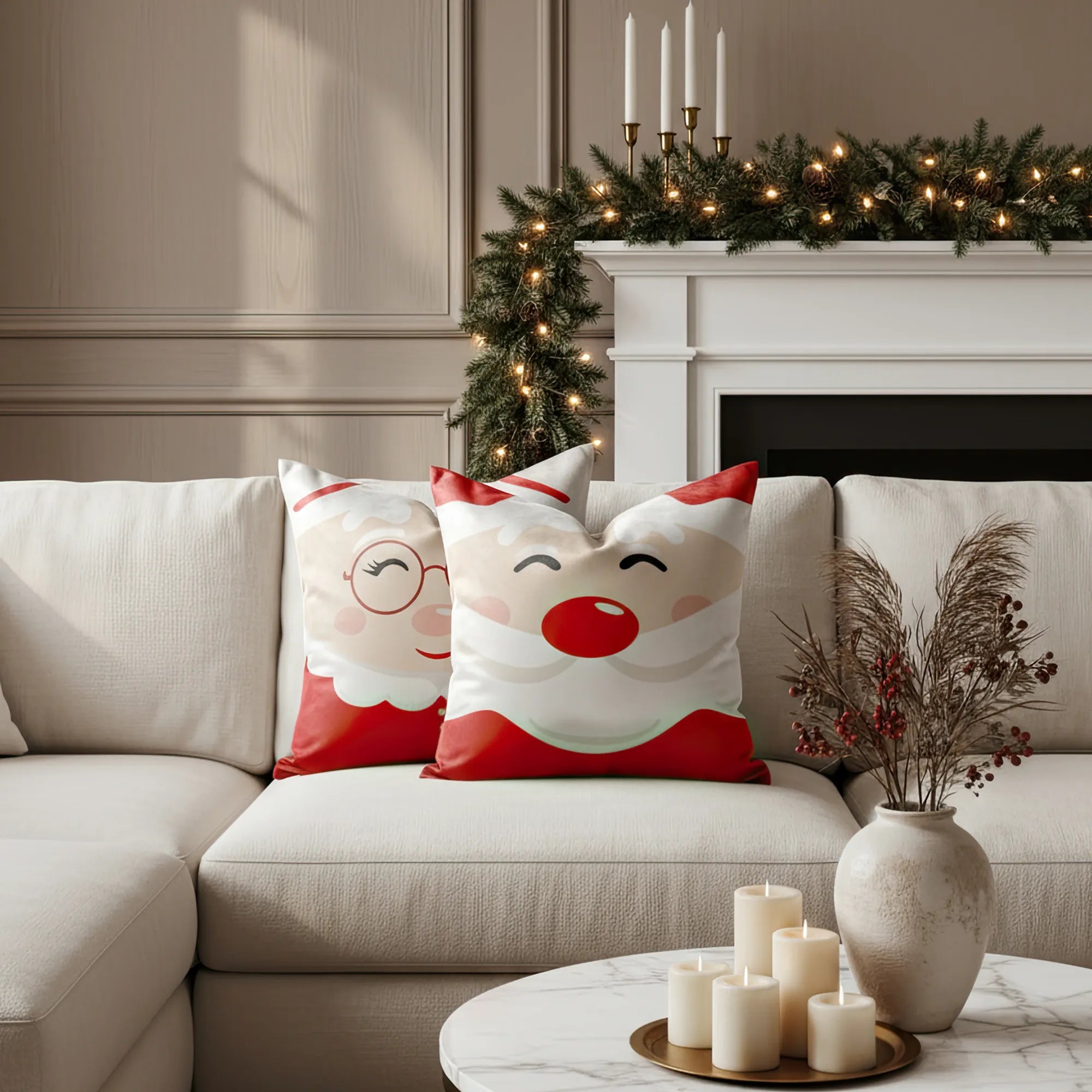 Decorative pillows with festive designs on a beige sofa in a living room setting by Buffalo Bunny.