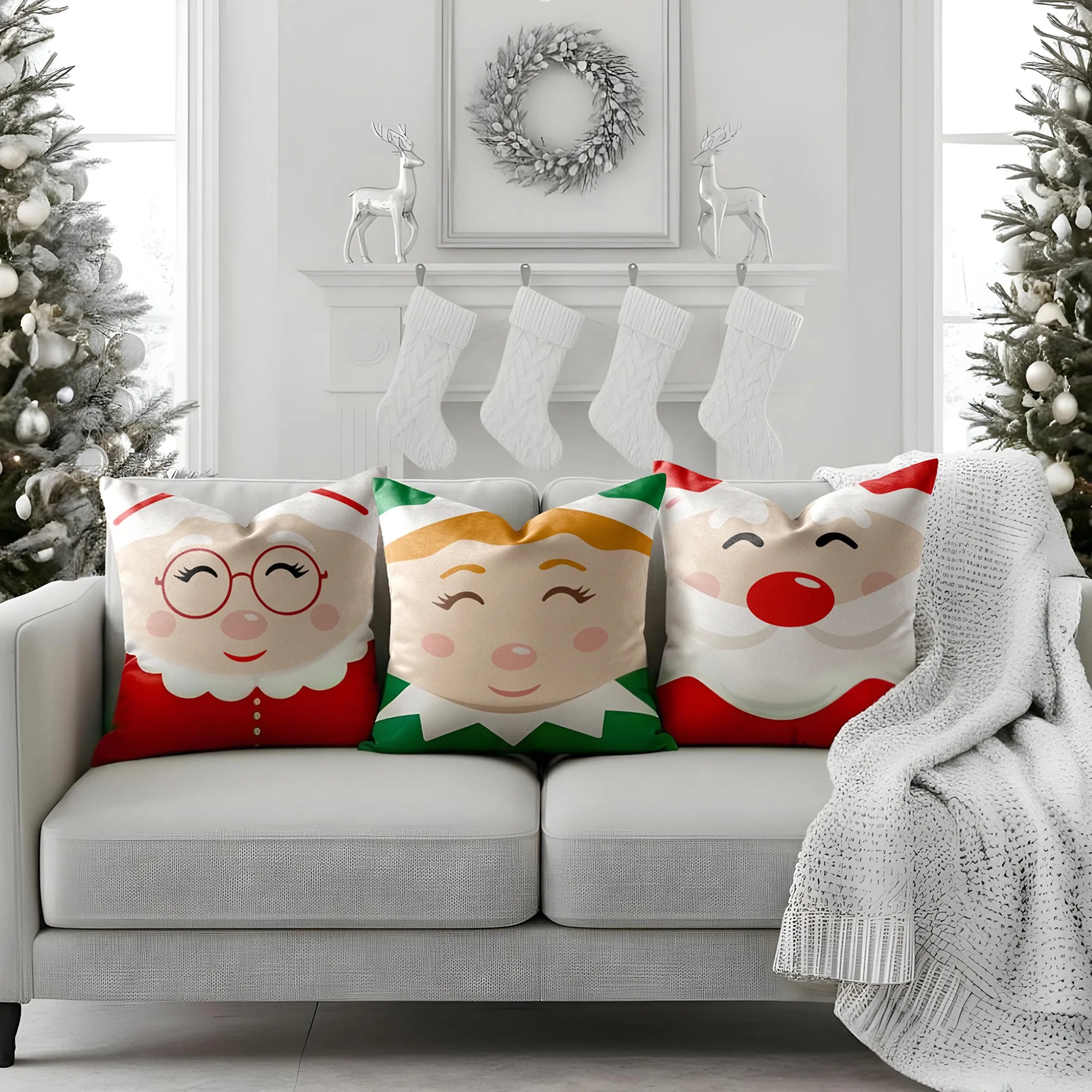 Decorative pillows with Christmas faces on a gray sofa in a festive living room by Buffalo Bunny.