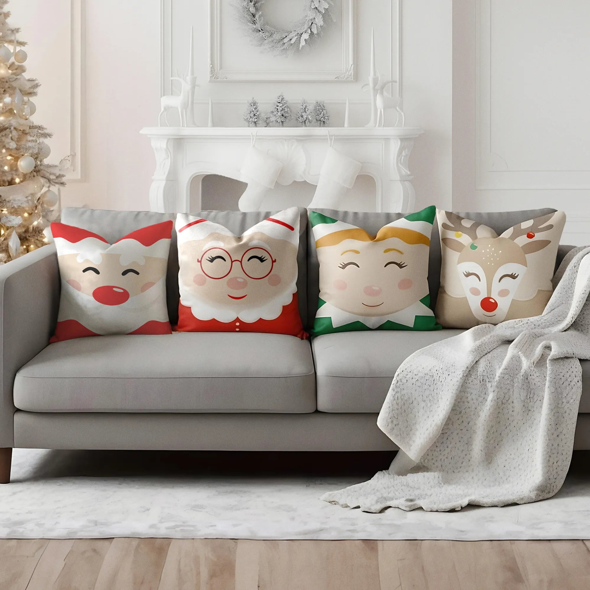 Decorative pillows with festive designs on a gray sofa in a living room setting by Buffalo Bunny.