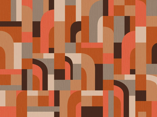 Arch Maze Terracotta wallpaper flat swatch with interlocking arches and rectangles in warm orange, coral, brown, and taupe