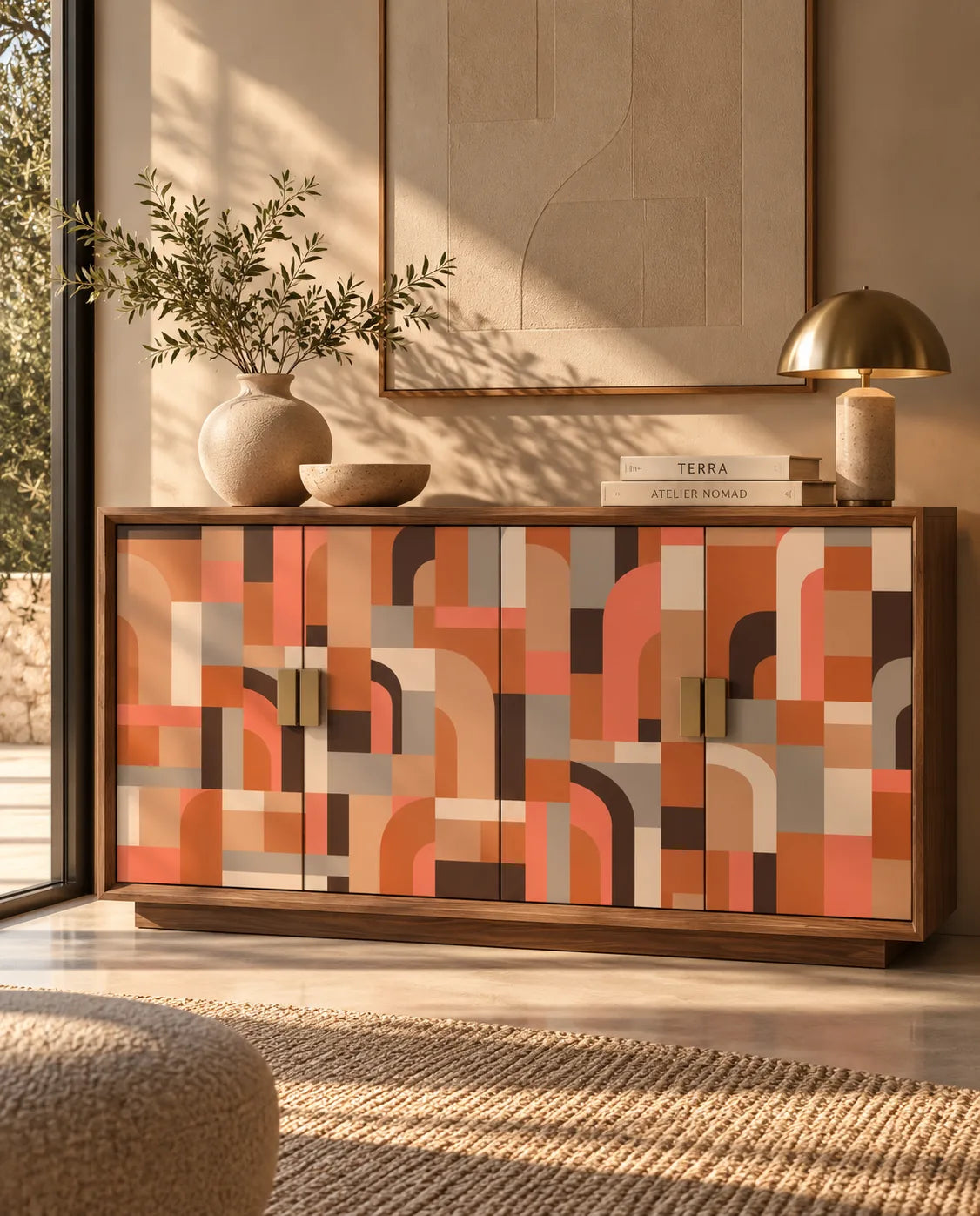Arch Maze Terracotta wallpaper on sideboard doors with terracotta arches, beside brass lamp and olive branch vase