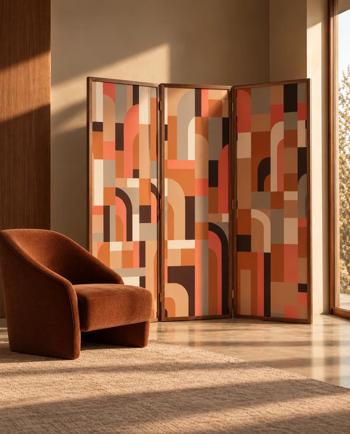 Arch Maze Terracotta wallpaper displayed on a folding screen beside a rust velvet armchair in warm sunlight