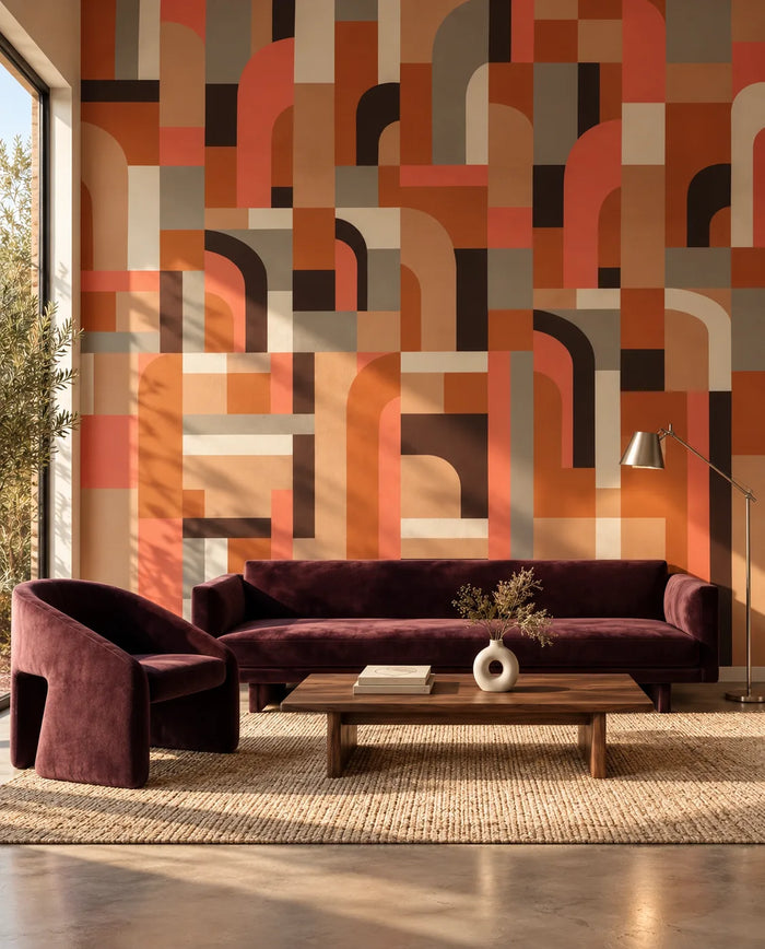 Arch Maze Terracotta wallpaper behind a plum velvet sofa, wood coffee table, and floor lamp