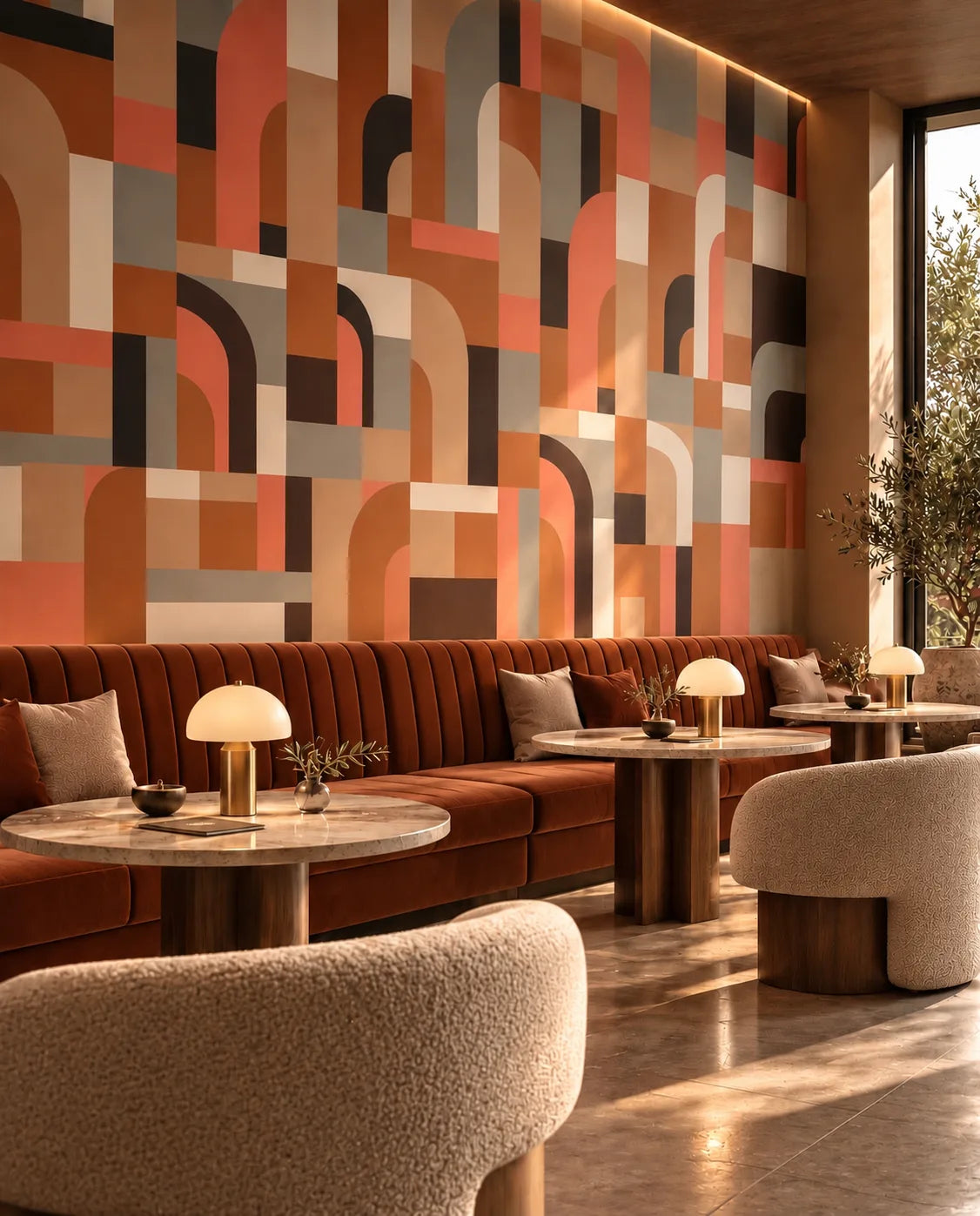 Arch Maze Terracotta wallpaper behind a rust velvet banquette with marble tables and dome lamps
