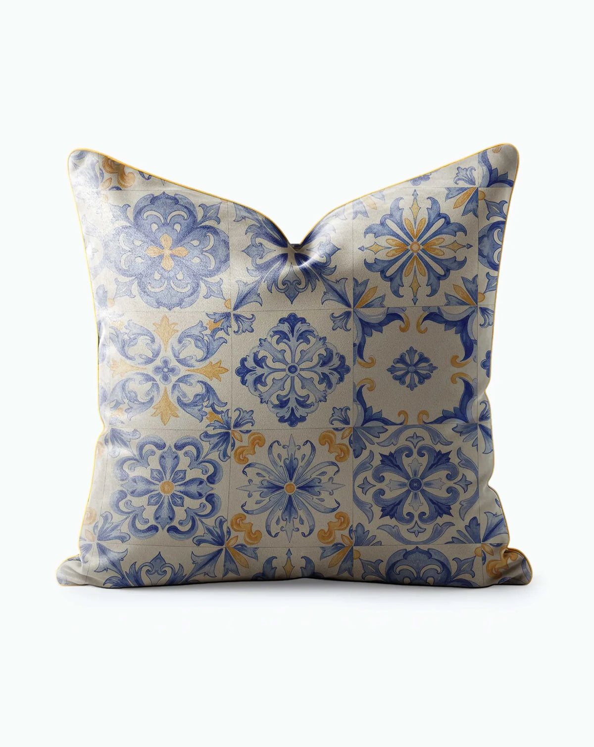Azzurro Tile Motif Mediterranean Throw Pillow with blue floral tile pattern and gold piping