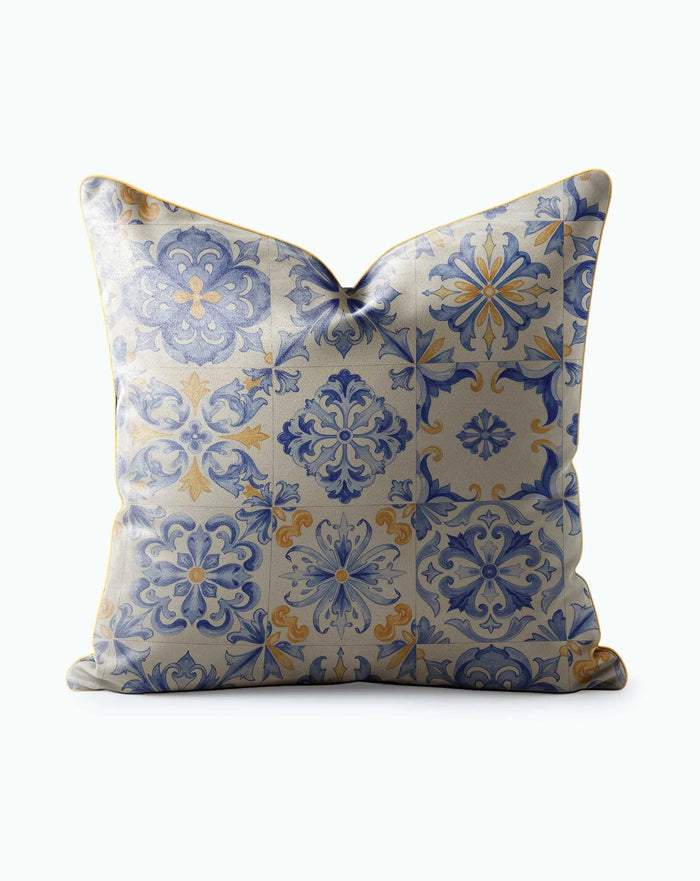 Azzurro Tile Motif Mediterranean Throw Pillow with blue floral tile pattern and gold piping