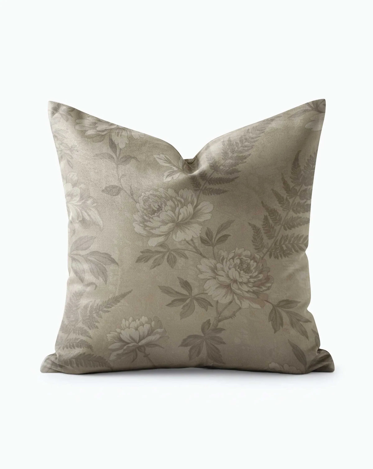 Beige Floral Throw Pillow with tone-on-tone peony and fern print in soft taupe