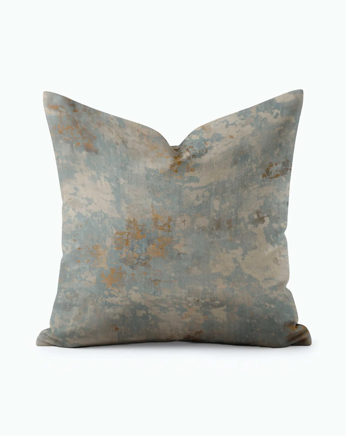 Blue & Beige Weathered Cloudscape Throw Pillow with muted teal, beige, and amber abstract patchy print