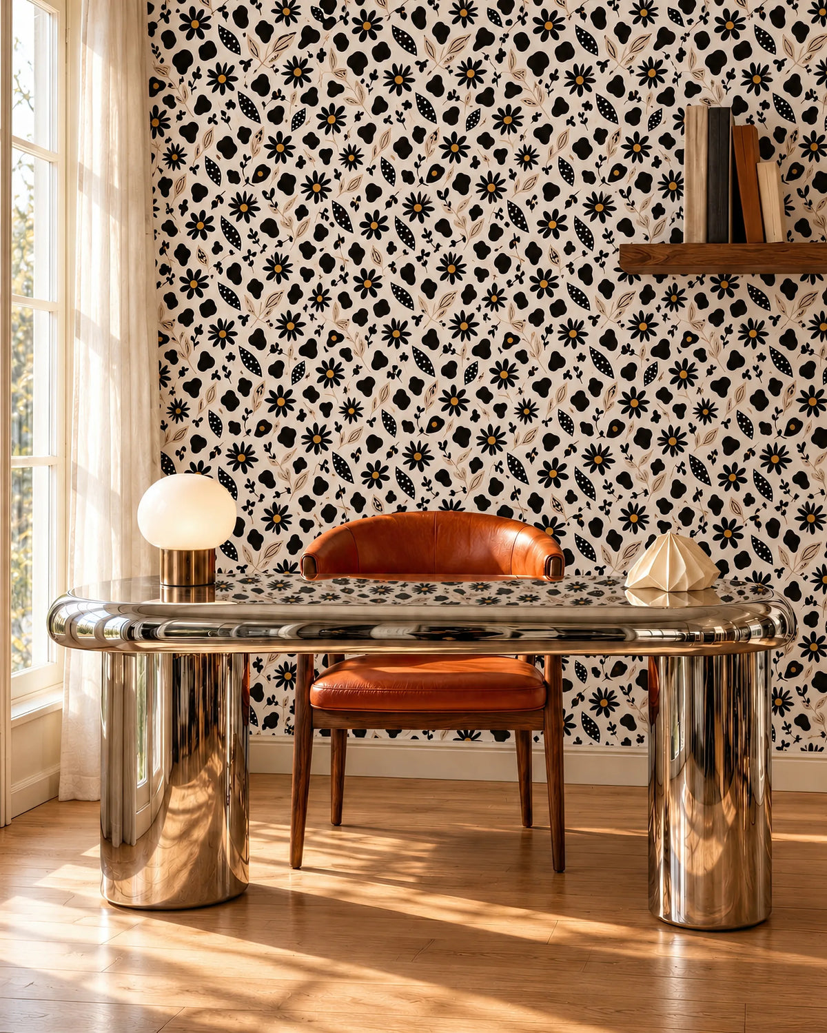 Botanical Mischief wallpaper with bold black florals behind a chrome desk and cognac leather chair
