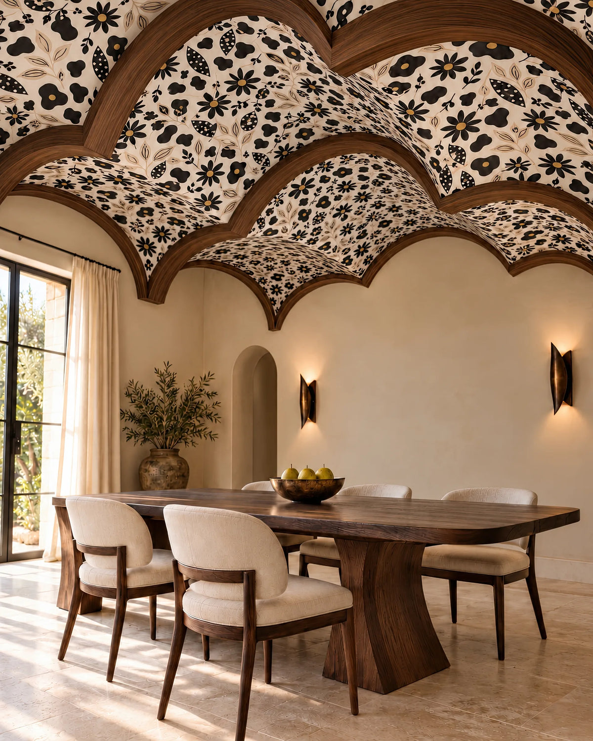 Botanical Mischief wallpaper lining scalloped arched ceiling vaults above a walnut dining table