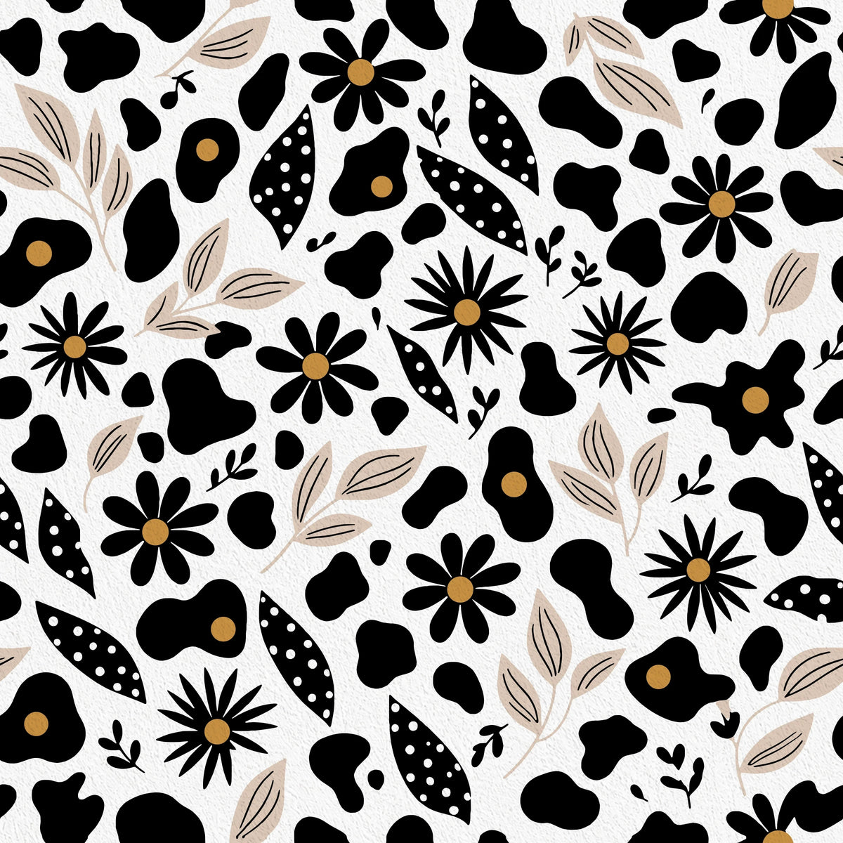 Botanical Mischief Wallpaper flat swatch with black cow-print spots, daisies, and tan leaves on white