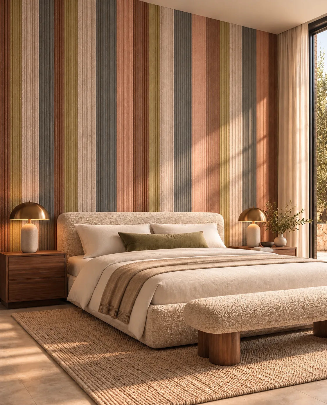 Chalk &amp; Clay wallpaper with earthy multicolor vertical stripes behind a bed with brass lamps