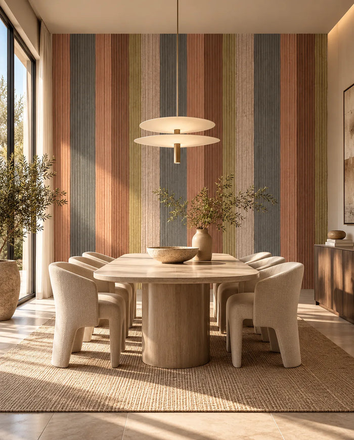 Chalk & Clay wallpaper with muted vertical stripes in terracotta, slate, and olive behind a warm dining table