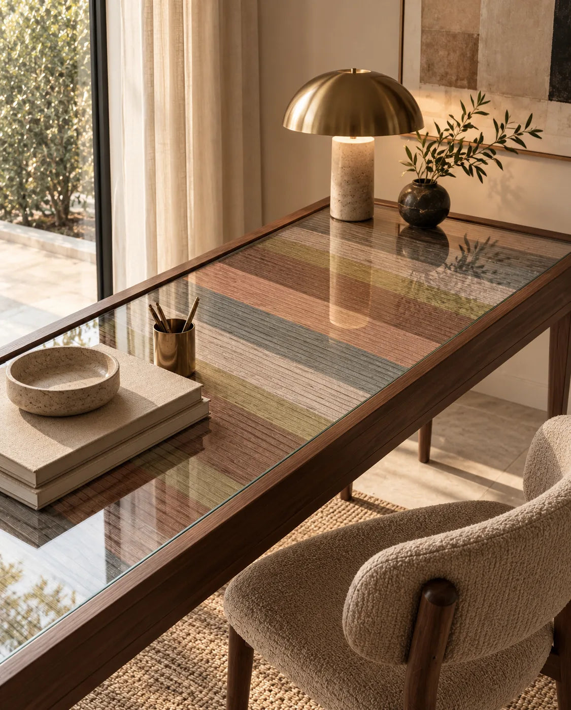 Chalk &amp; Clay wallpaper displayed under glass on a walnut desk, showing earthy horizontal stripe bands