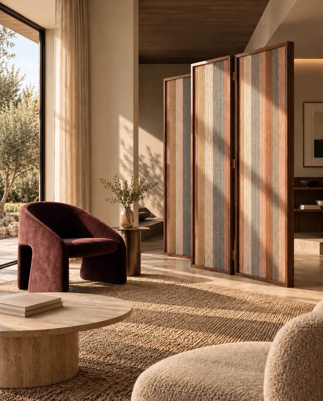 Chalk &amp; Clay wallpaper on a folding wood-framed screen with warm terracotta, sage, and cream vertical stripes