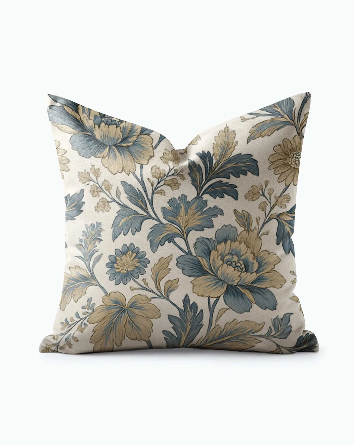 Château Bloom Throw Pillow with large-scale vintage florals in steel blue and gold on cream