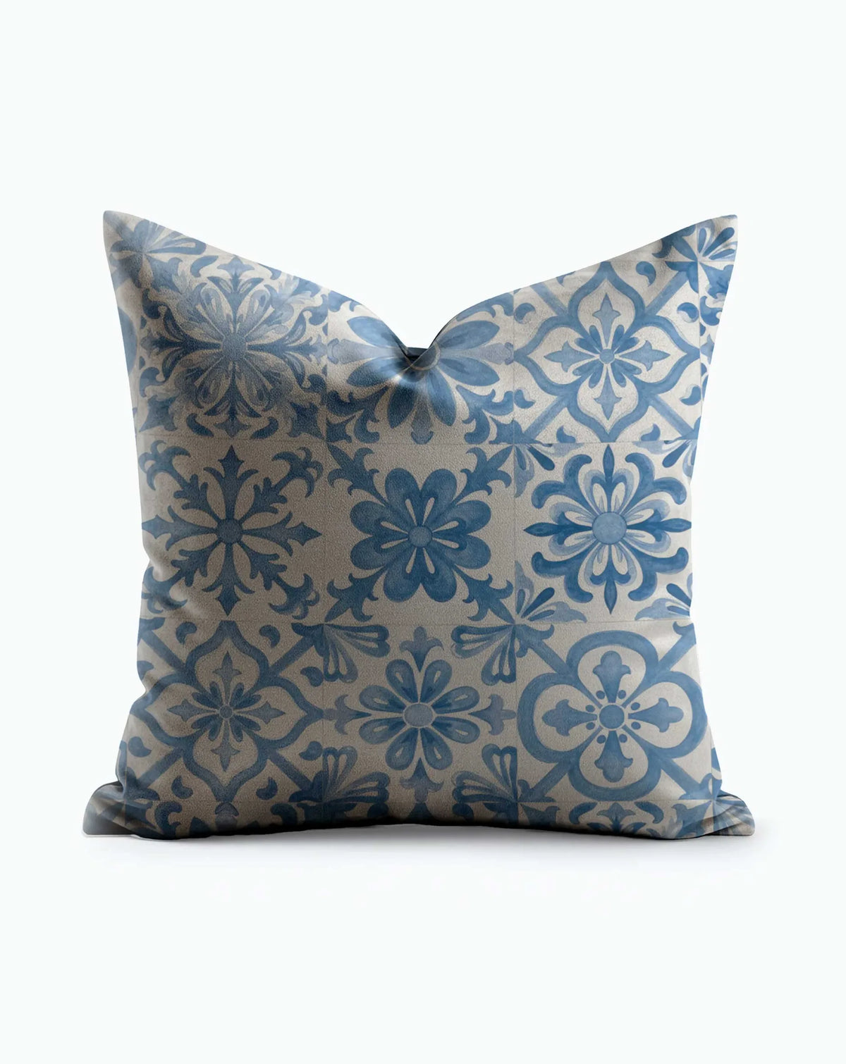 Classic Blue Mediterranean Tile pillow with floral mosaic motifs in steel blue on warm beige