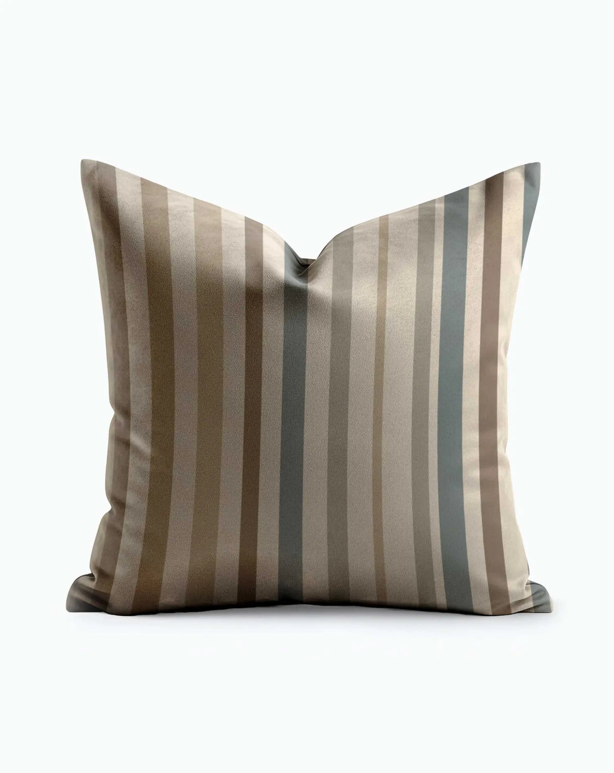 Desert Harbor Stripe Pillow with vertical tan, taupe, and slate blue stripes on white background