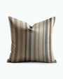 Desert Harbor Stripe Pillow with vertical tan, taupe, and slate blue stripes on white background