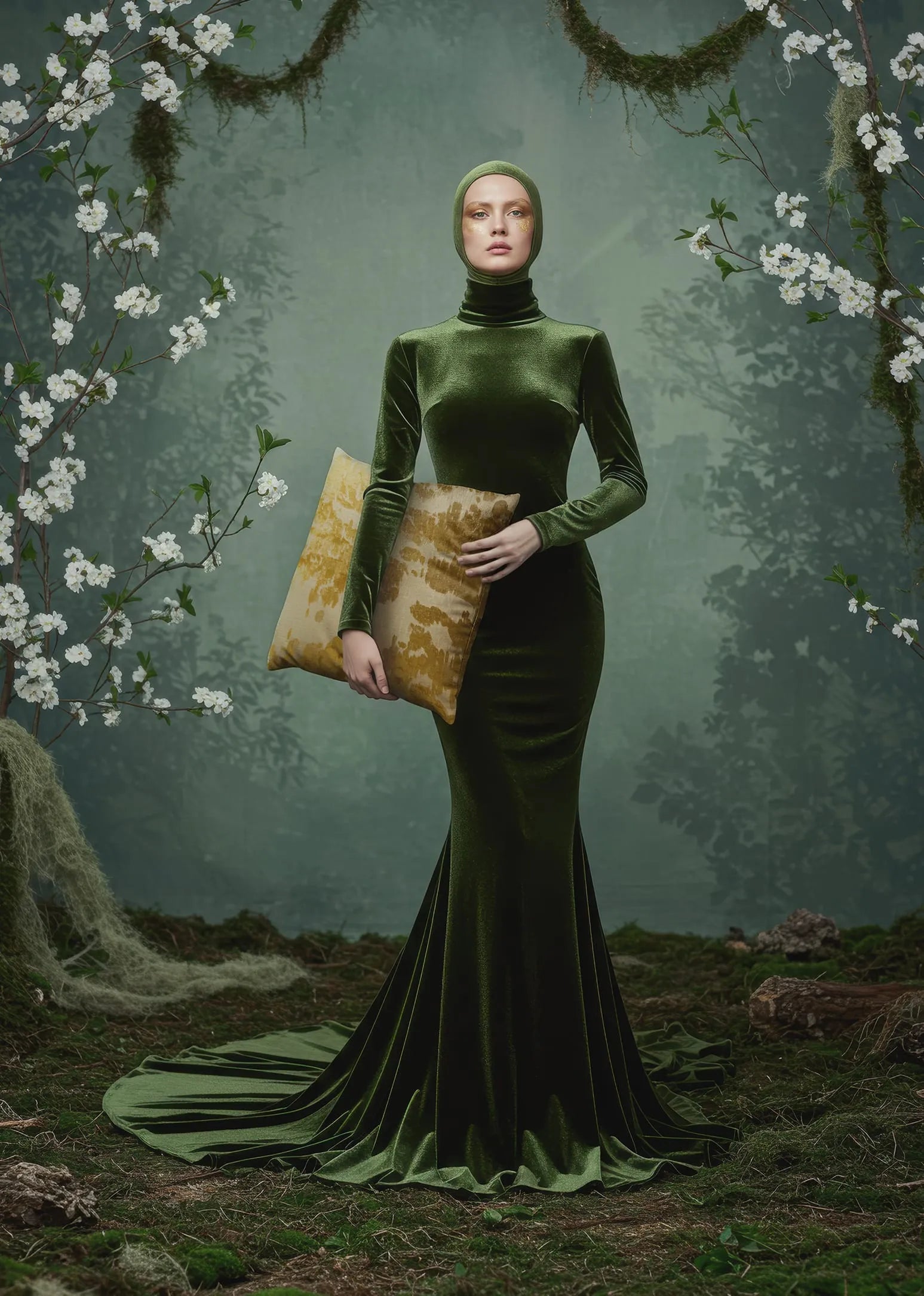 Woman in elegant green velvet gown and hood holding gold-patterned Buffalo Bunny pillow, standing in ethereal forest with white blossoms and moss.