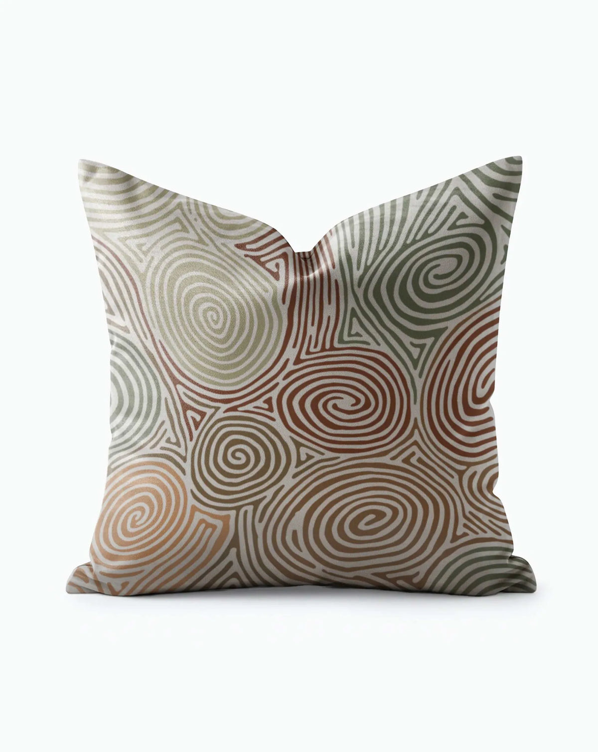 Earthy Spiral Throw Pillow with terracotta, sage, and tan swirling labyrinth motifs on cream