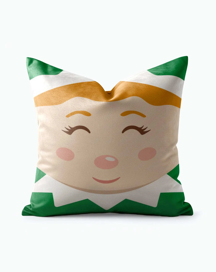 Elf Festive Christmas Throw Pillow with smiling elf face, golden hair, green costume