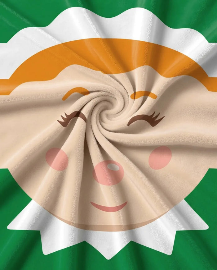 Elf Festive Christmas Throw Pillow with smiling elf face, orange hair, green background