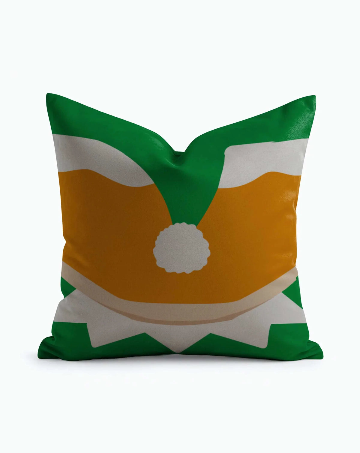 Elf Festive Christmas Throw Pillow with bold green, orange, and white elf costume design