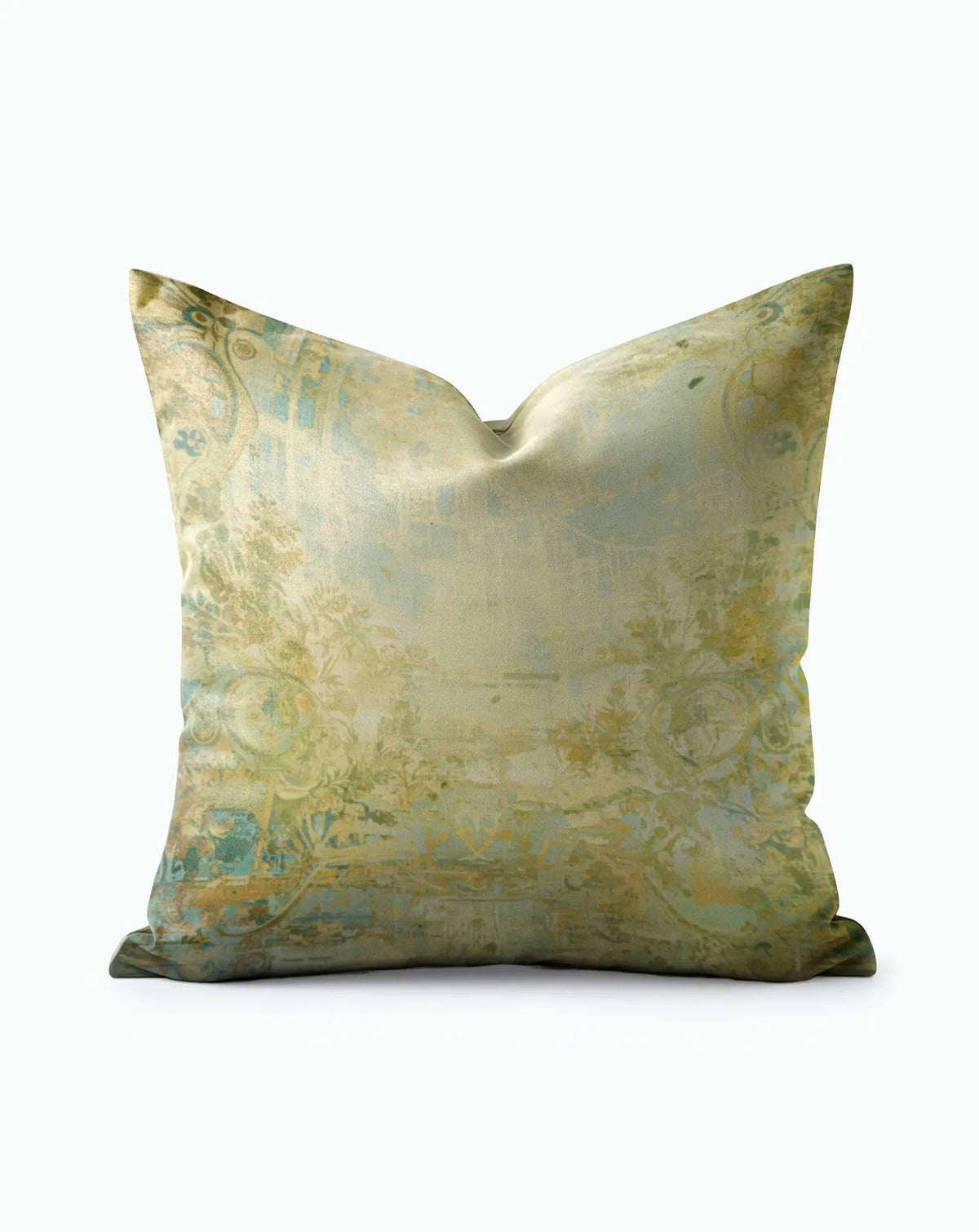 French Château Throw Pillow with aged gold and teal baroque floral scrollwork motif